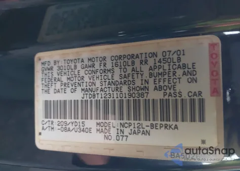 2001 Toyota Echo из США, поврежденный, VIN JTDBT123110190387